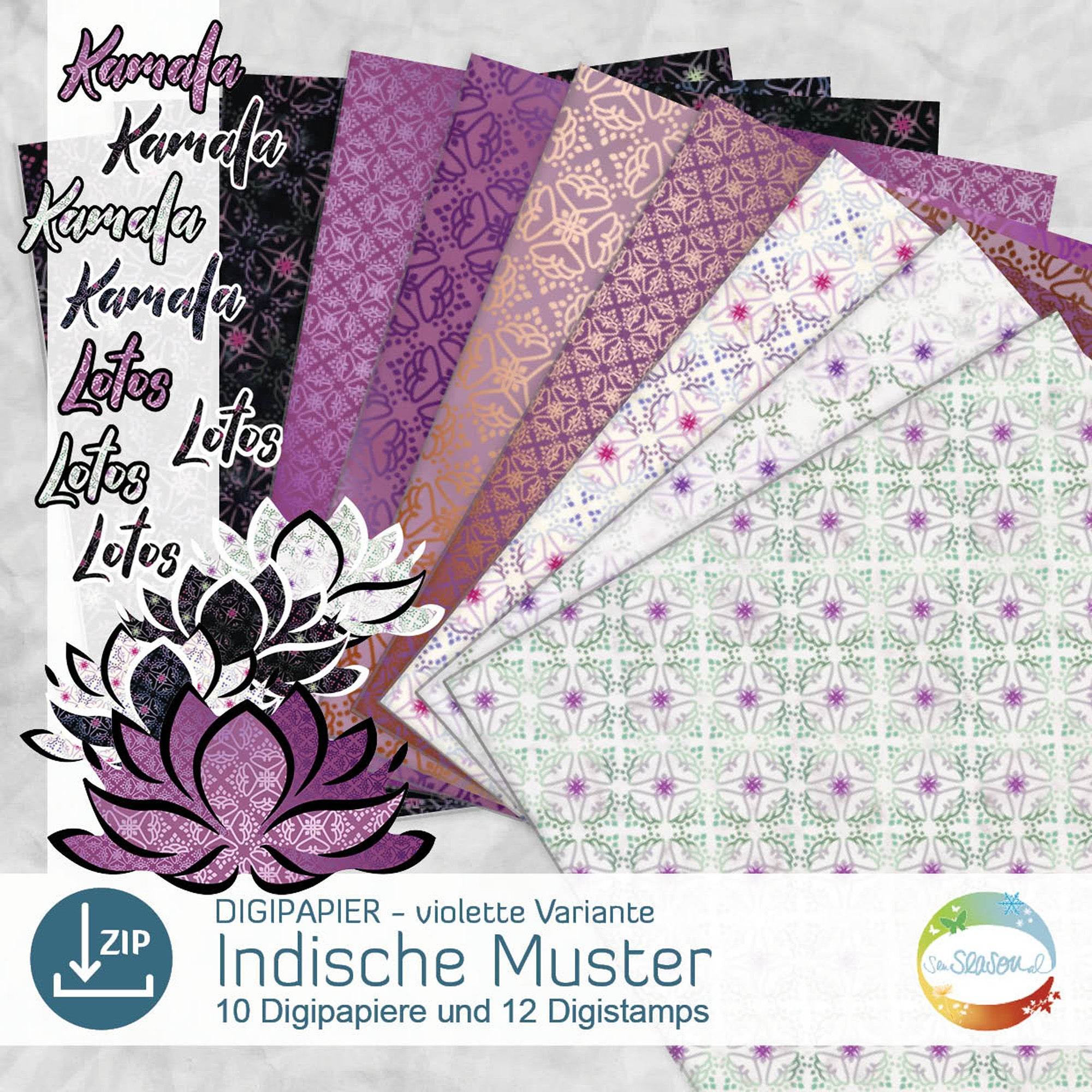 Digipapier-Set violette Indische Muster - Druckvorlage, Musterpapier, Designpapier, Sublimation - Sewando
