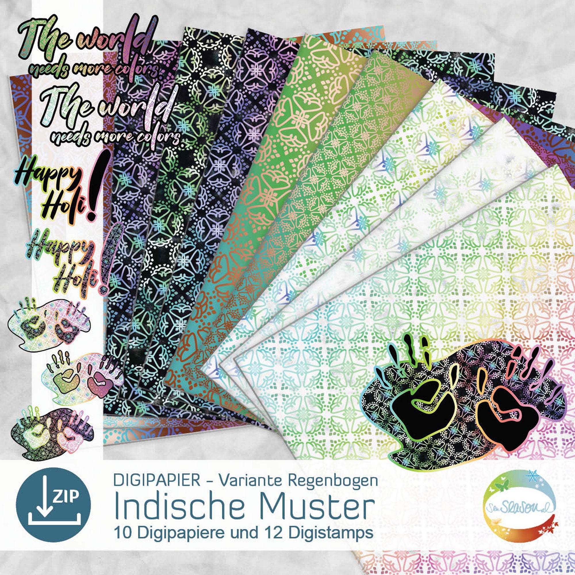 Digipapier-Set regenbogen-farbene Indische Muster - Musterpapier, Designpapier, Sublimation - Sewando