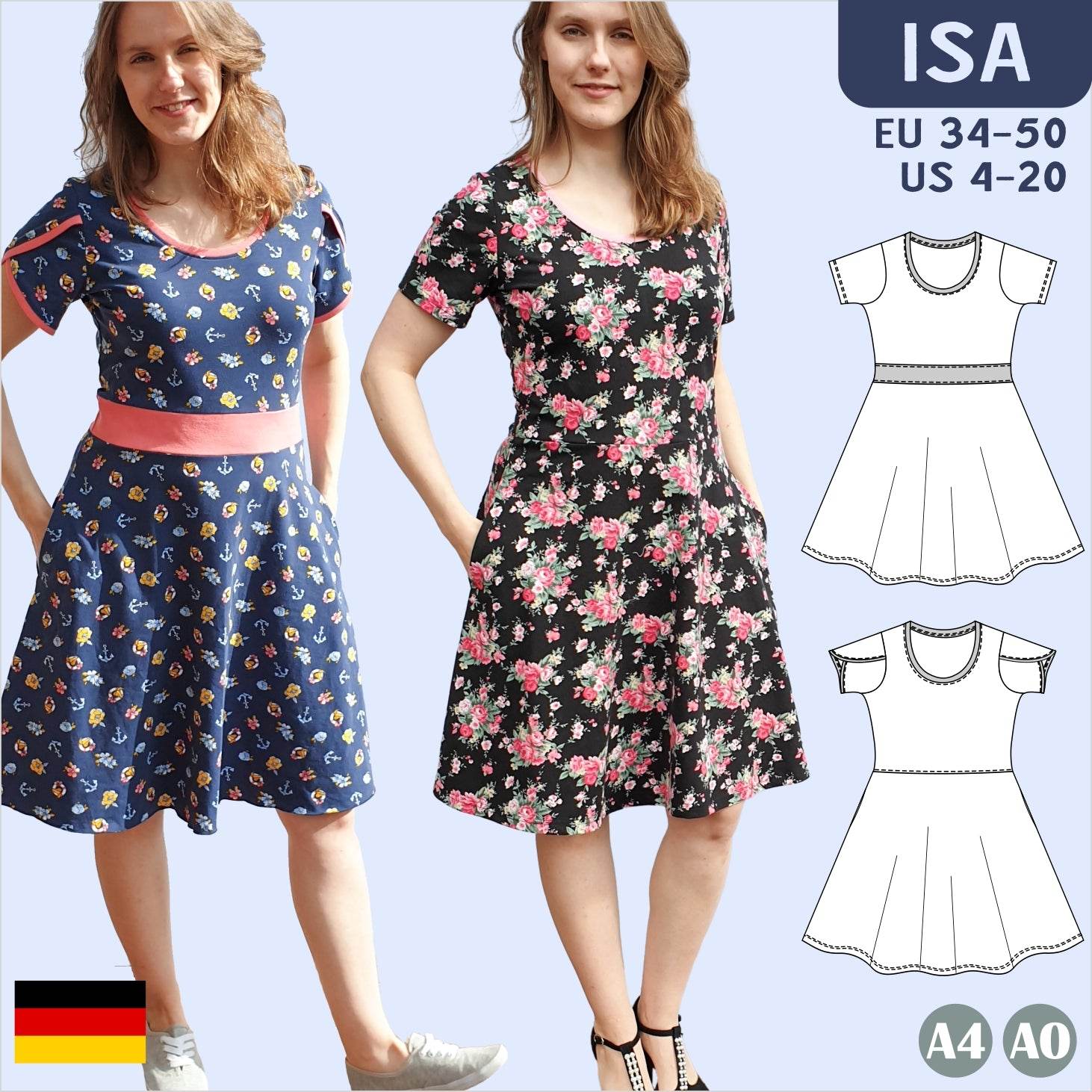 Schnittmuster Isa – Jerseykleid mit glockigem Rockteil Gr. 34-50 / Bu 80-116 - Sewando