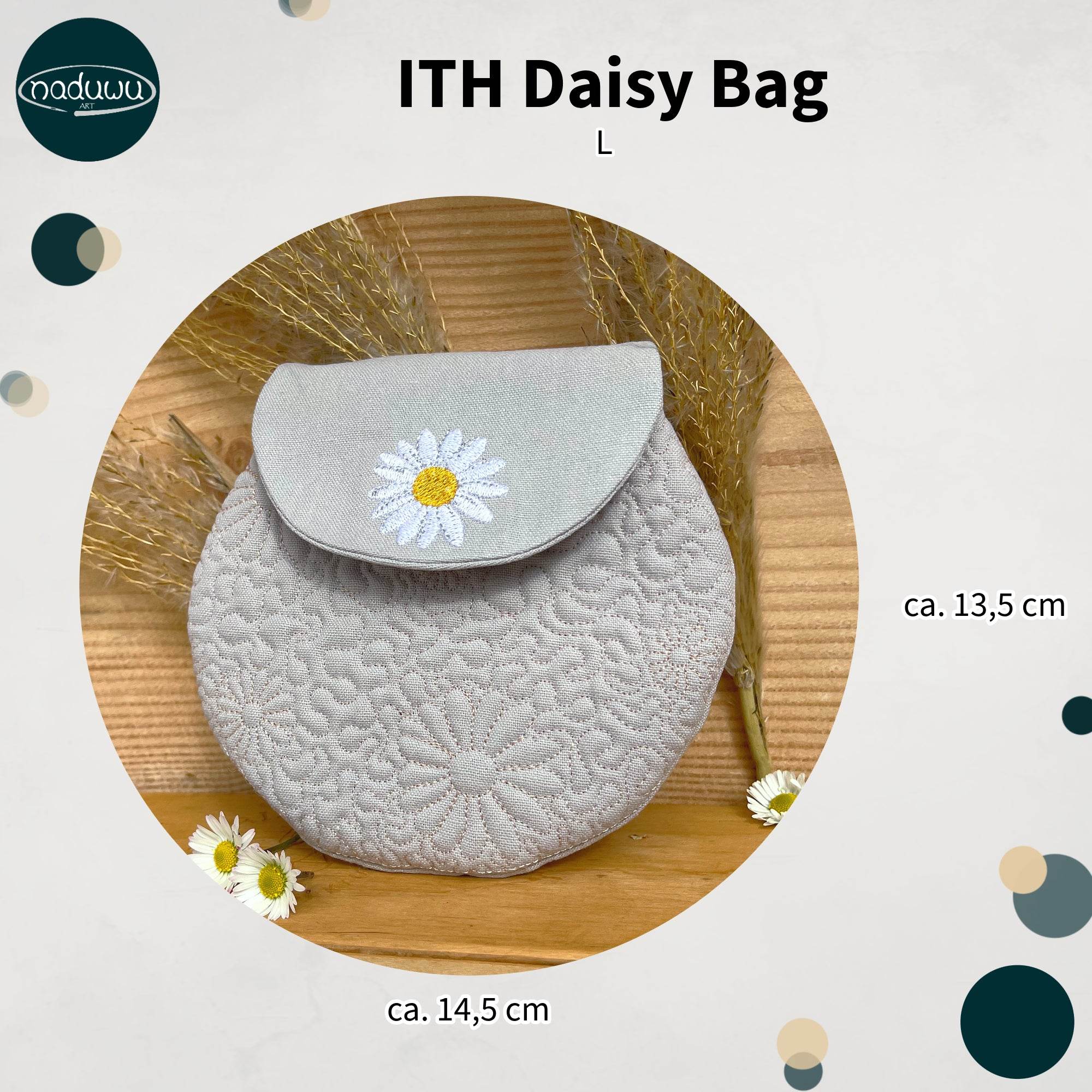 Stickdatei Tasche 16x22 mit Gänseblümchen, ITH runde Daisy Bag - Sewando