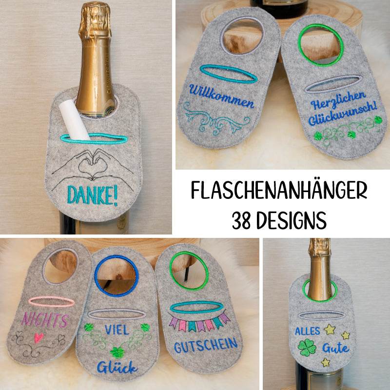 Stickdatei Set Flaschenanhänger Flaschenschürzen Wunscherfüller für Geldgeschenke & Gutscheinhüllen - Sewando