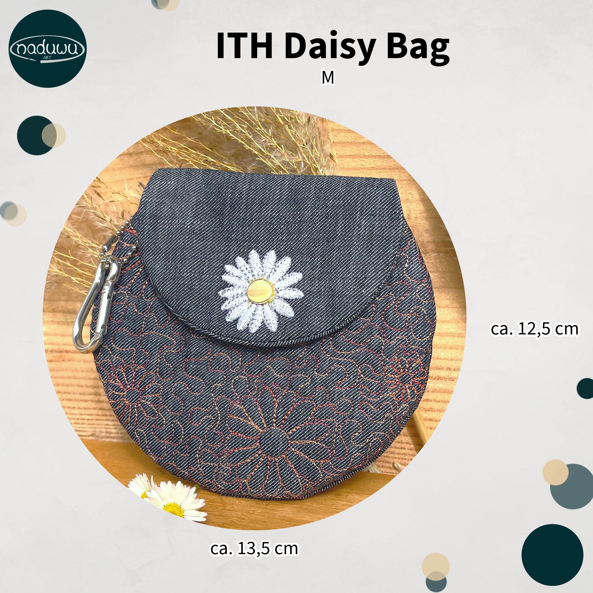 Stickdatei Tasche 15x21 mit Gänseblümchen, ITH runde Daisy Bag - Sewando