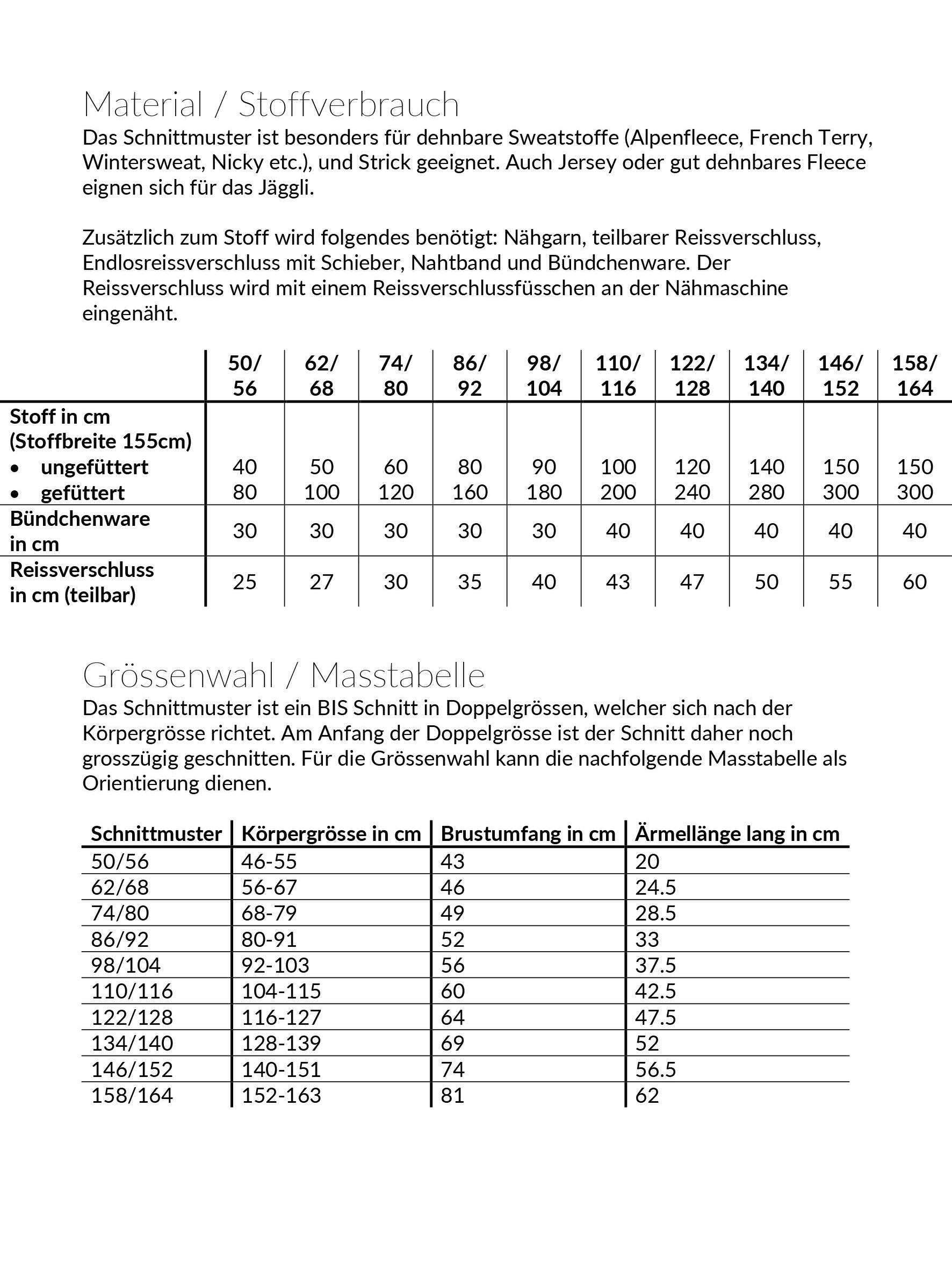 Schwiiz-Jäggli, Schnittmuster Grösse 50-164 - Sewando