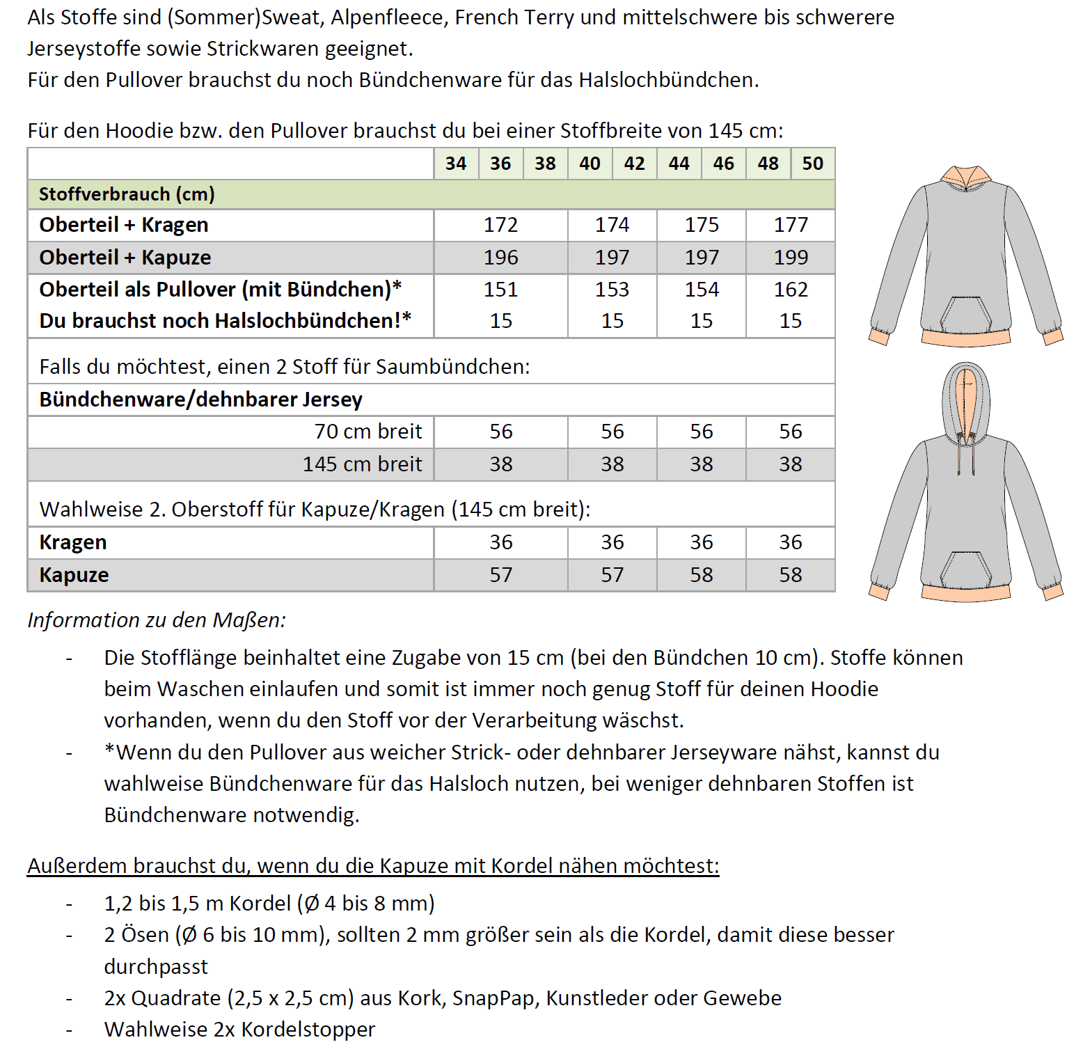 Schnittmuster Jenna – Hoodie & Pullover mit Kapuze oder Kragen Gr. 34-50 / BU 80-116 - Sewando