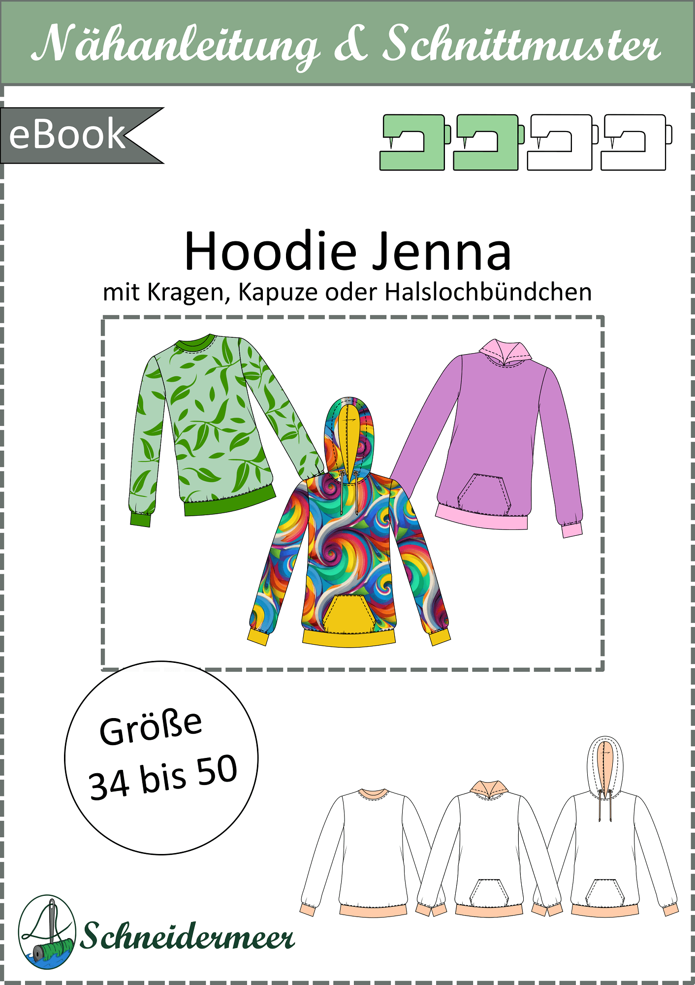Schnittmuster Jenna – Hoodie & Pullover mit Kapuze oder Kragen Gr. 34-50 / BU 80-116 - Sewando