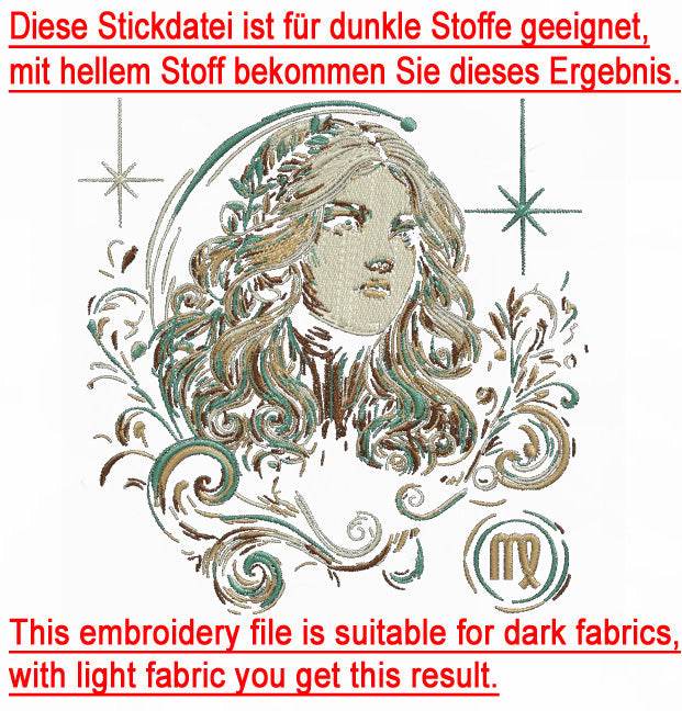 Stickdatei Sternzeichen Jungfrau - realistisch - FÜR DUNKLE STOFFE - Sewando
