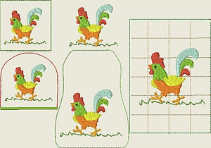 Stickdatei Küche 2* In the Hoop MugRug Hahn Set 354 Flaschenschürze Eierwärmer Topflappen - Sewando