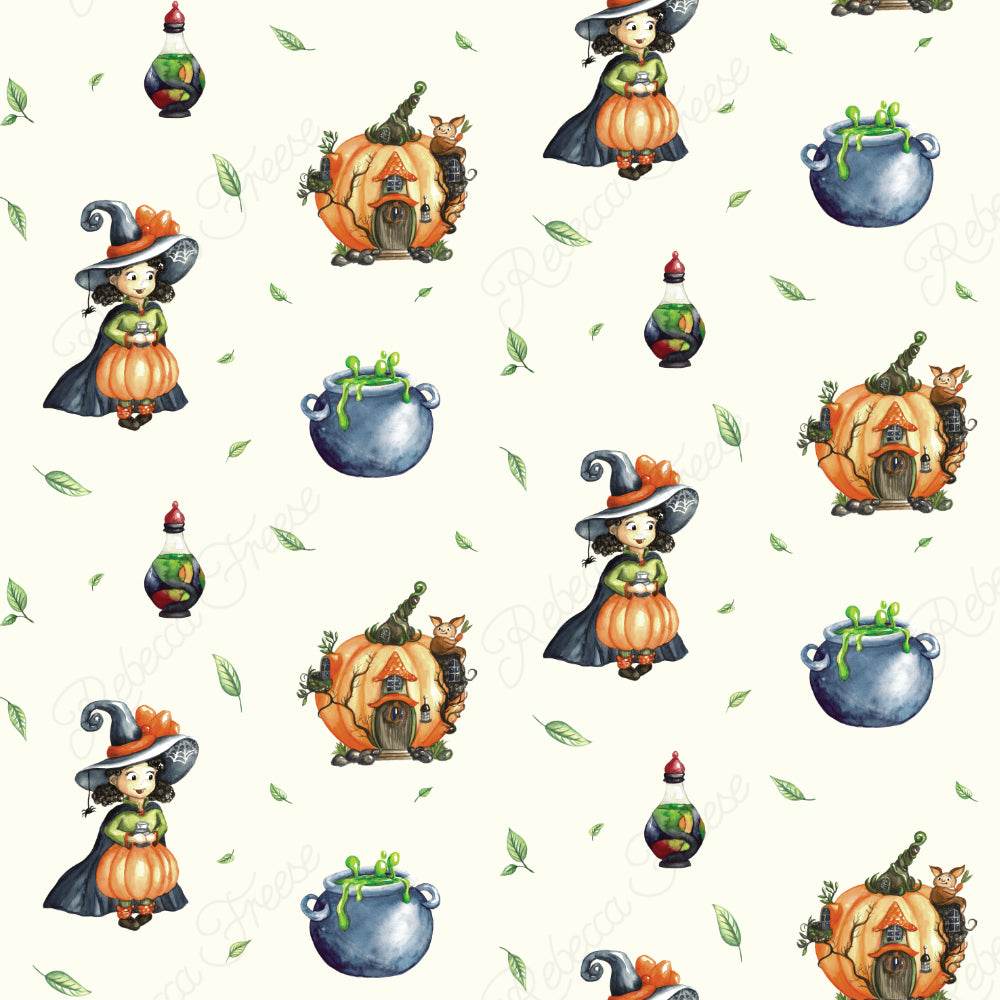 Stoffdesign nahtloses Muster Waldmutzel Kürbismädchen/ Hexe - Sewando