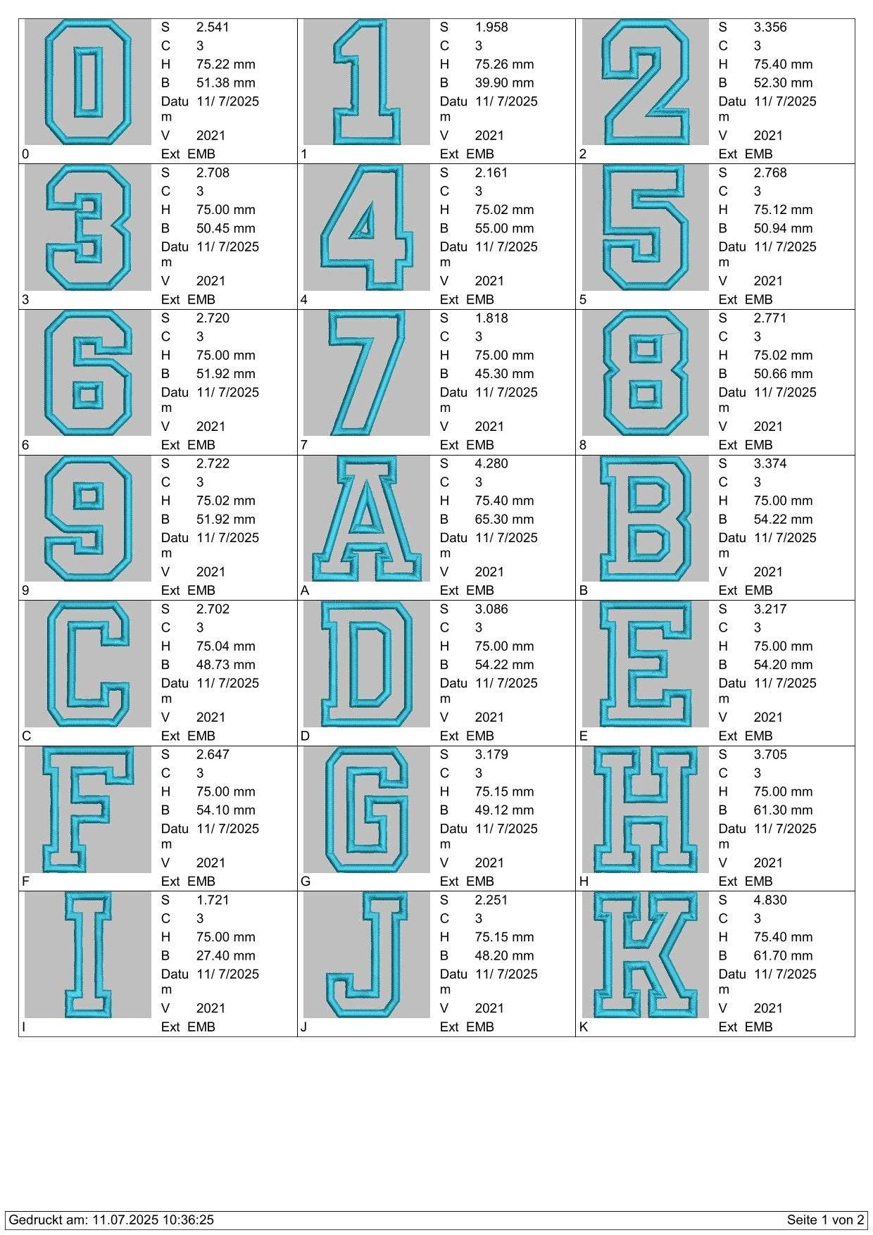 Stickdatei Chenille Applikation Schrift ca. 75mm Set 2543 - Sewando