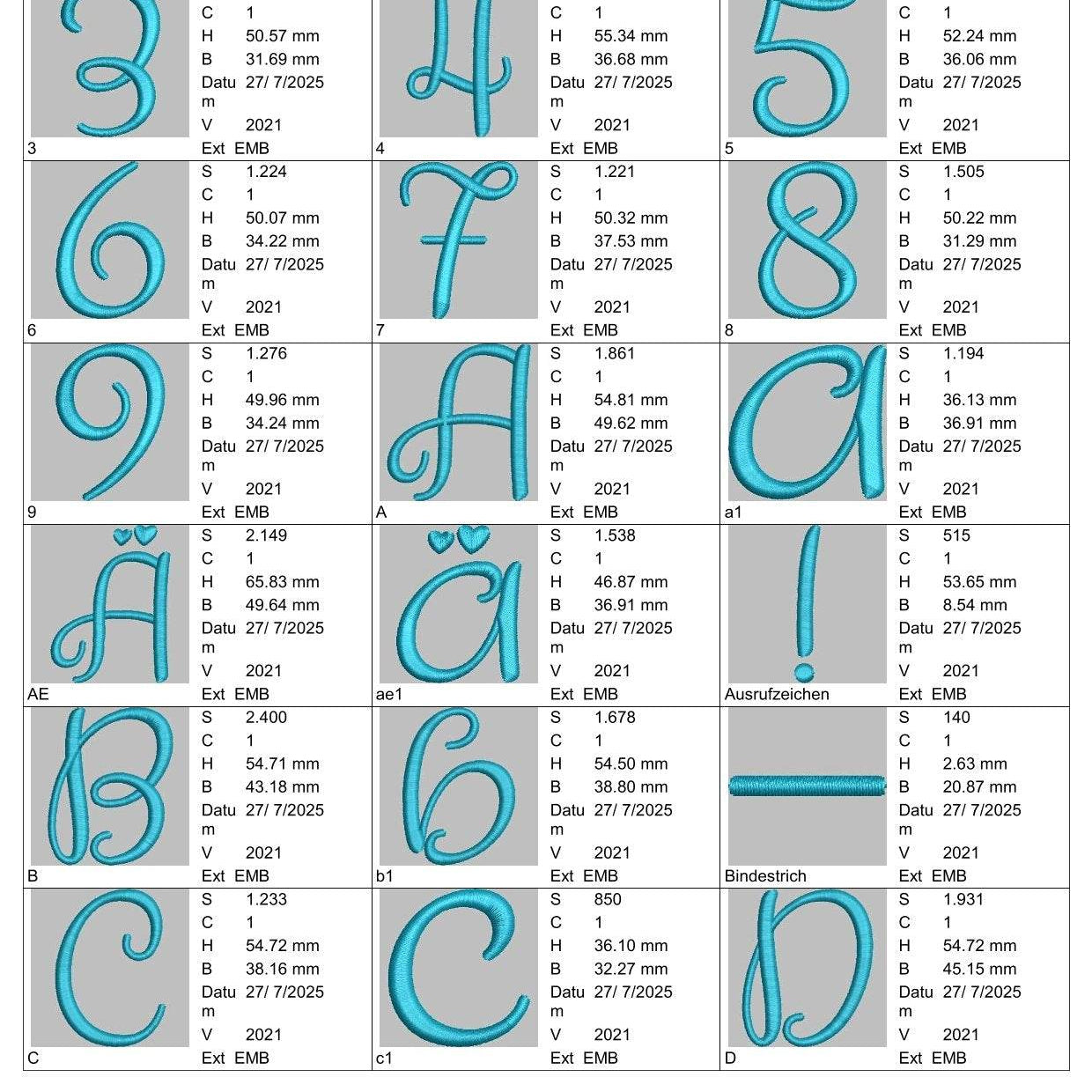 Stickdatei Schrift 55mm Buchstaben ud Zahlen Set 617 - Sewando