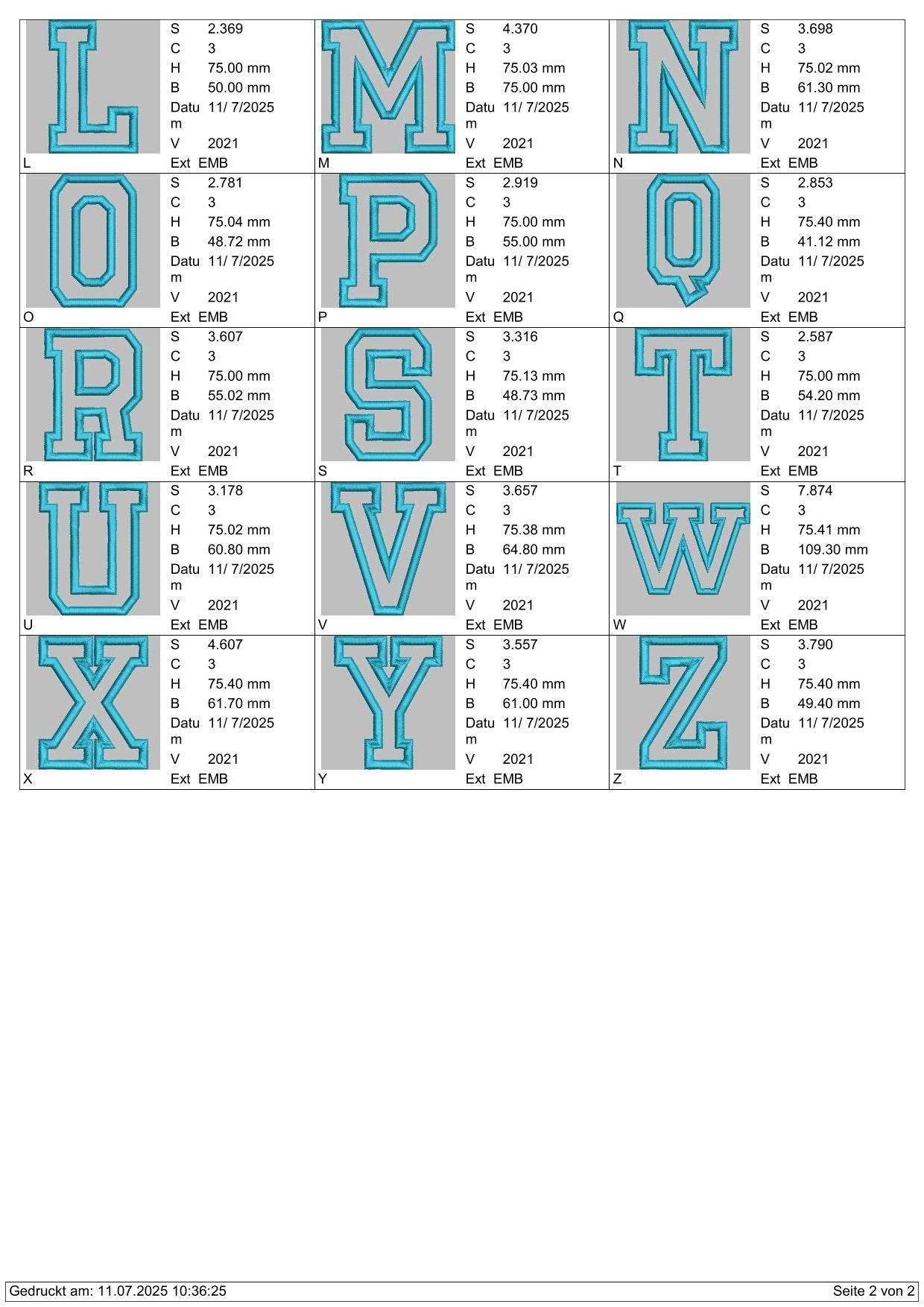 Stickdatei Chenille Applikation Schrift ca. 75mm Set 2543 - Sewando