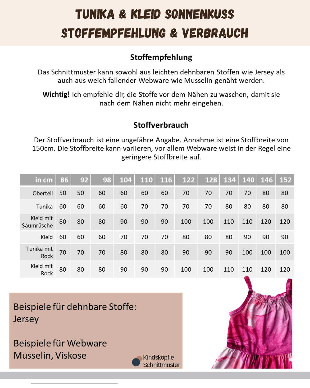 Schnittmuster Sonnenkuss – Oberteil, Tunika oder Kleid Größen 86-152 : - Sewando