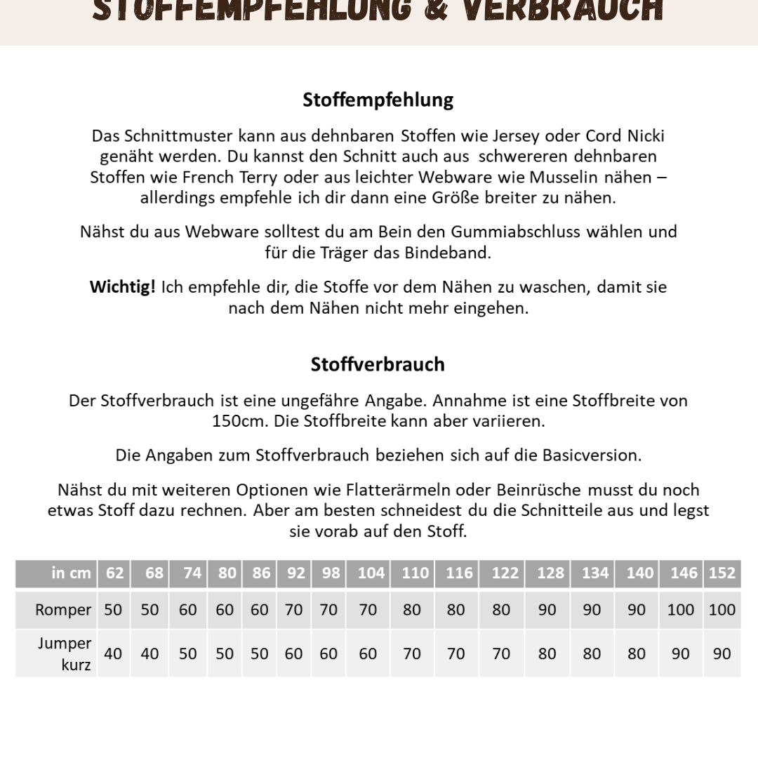 Schnittmuster Sonnenkuss - Jumper / Romper Größen 62-134 : - Sewando