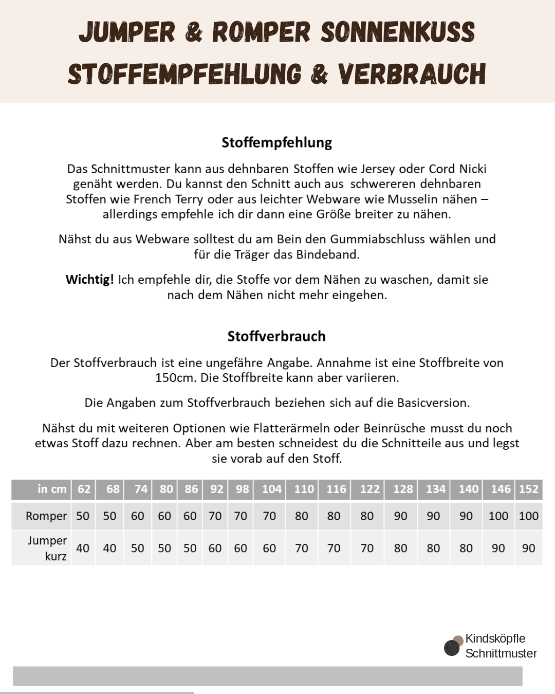 Schnittmuster Sonnenkuss - Jumper / Romper Größen 62-134 : - Sewando