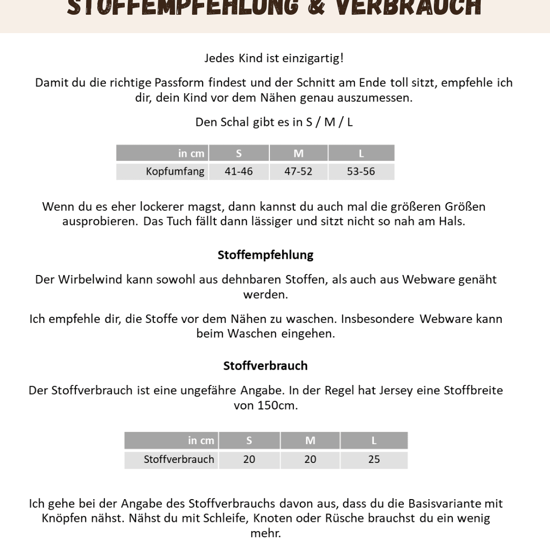 Schnittmuster Wirbelwind – Halstuch, Schal & Loop Größen S/M/L (KU 41-56 cm) : - Sewando