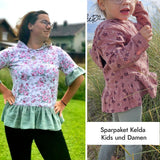 Sparpaket Schnittmuster Kelda Kapuzenpulli für Mädchen und Damen Gr 98- 134 und 32–48