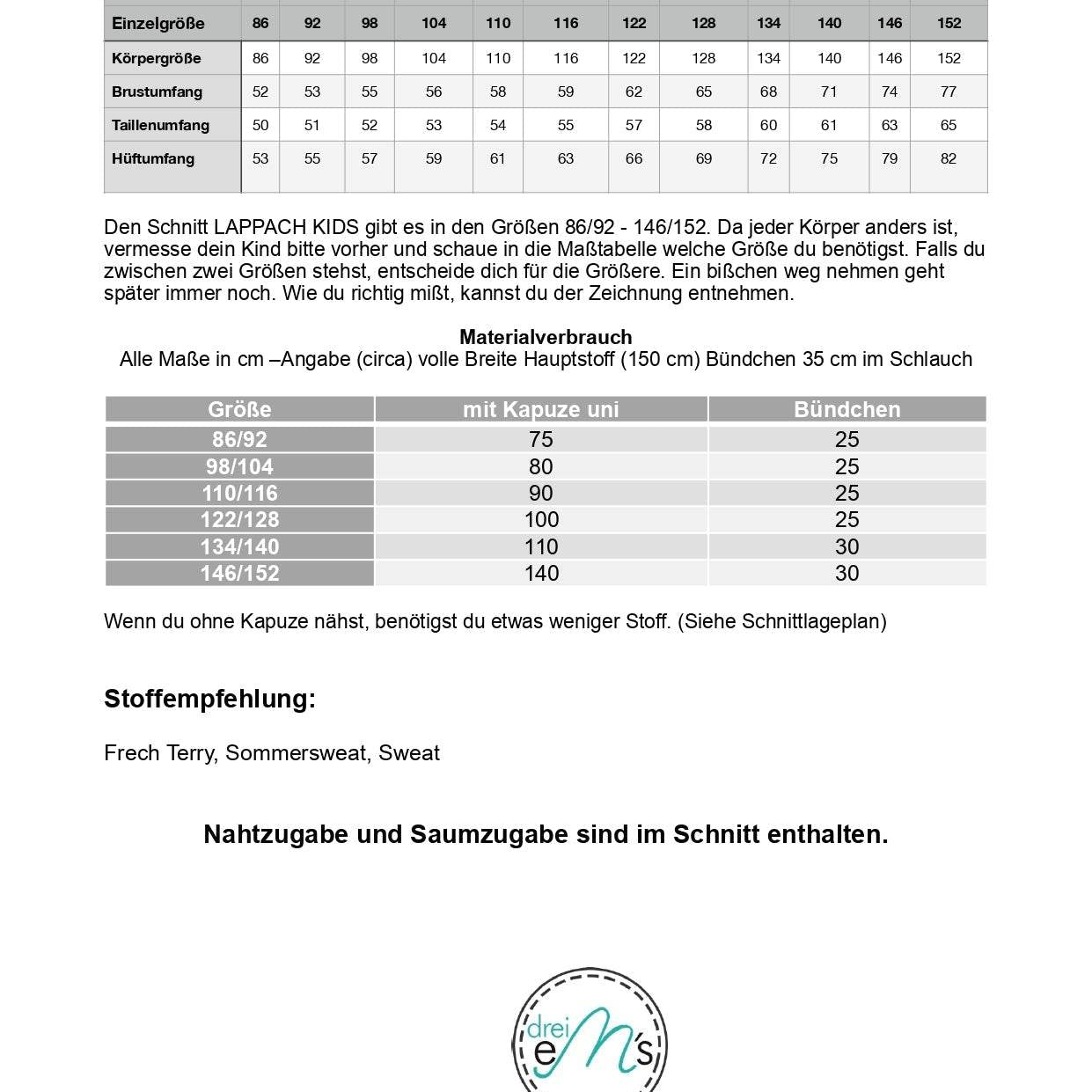 Schnittmuster Hoodie LAPPACH Kids Gr. 86/92 -146/152 : - Sewando