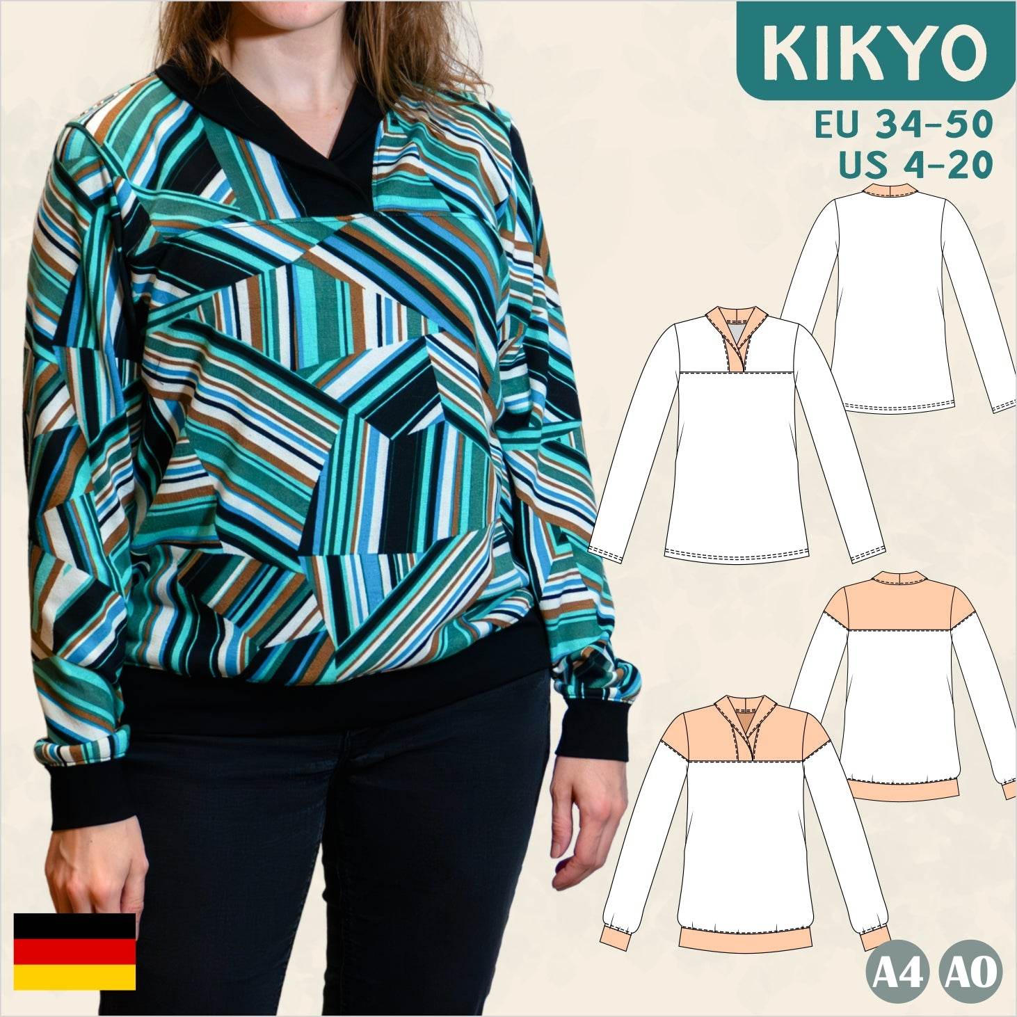 Kikyo – eleganter Pullover mit Wickelkragen Gr. 34-50 / BU 80-116 - Sewando