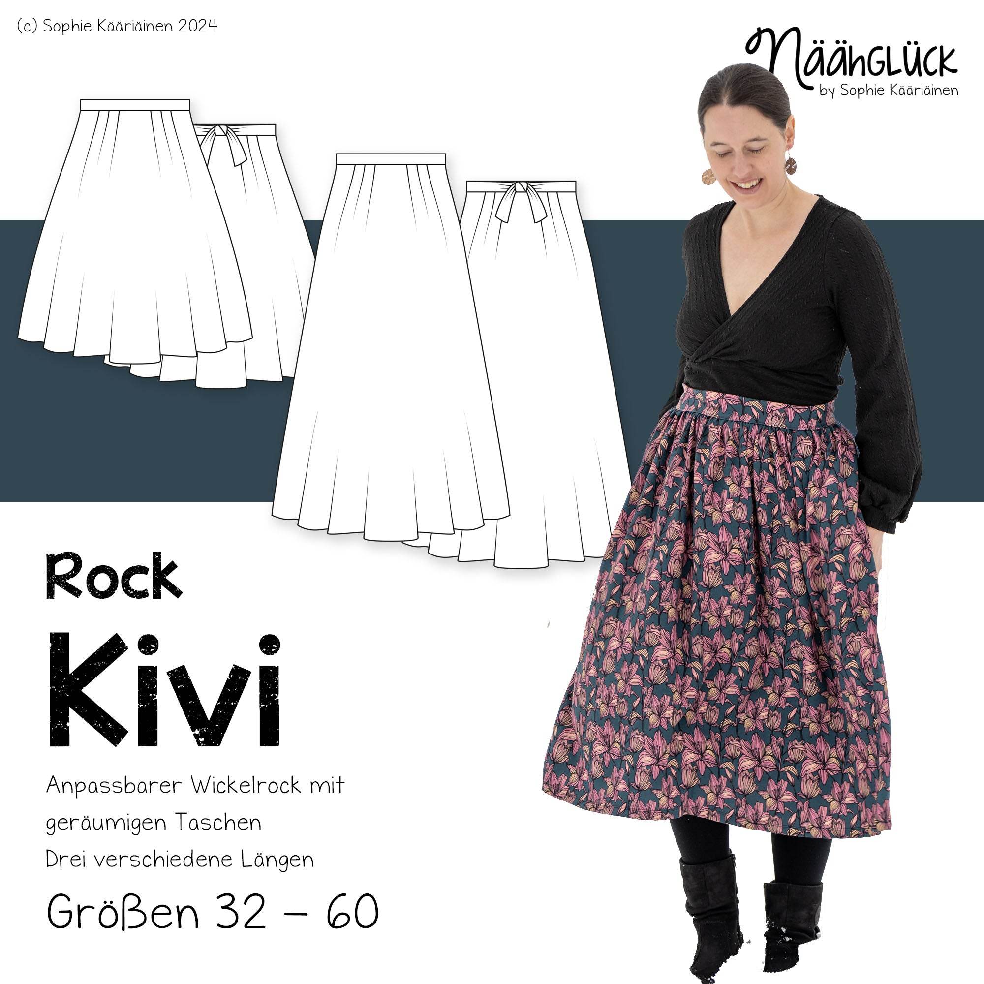 Schnittmuster Rock, Wickelrock Kivi Größe 32 - 60 mit Taschen - Sewando