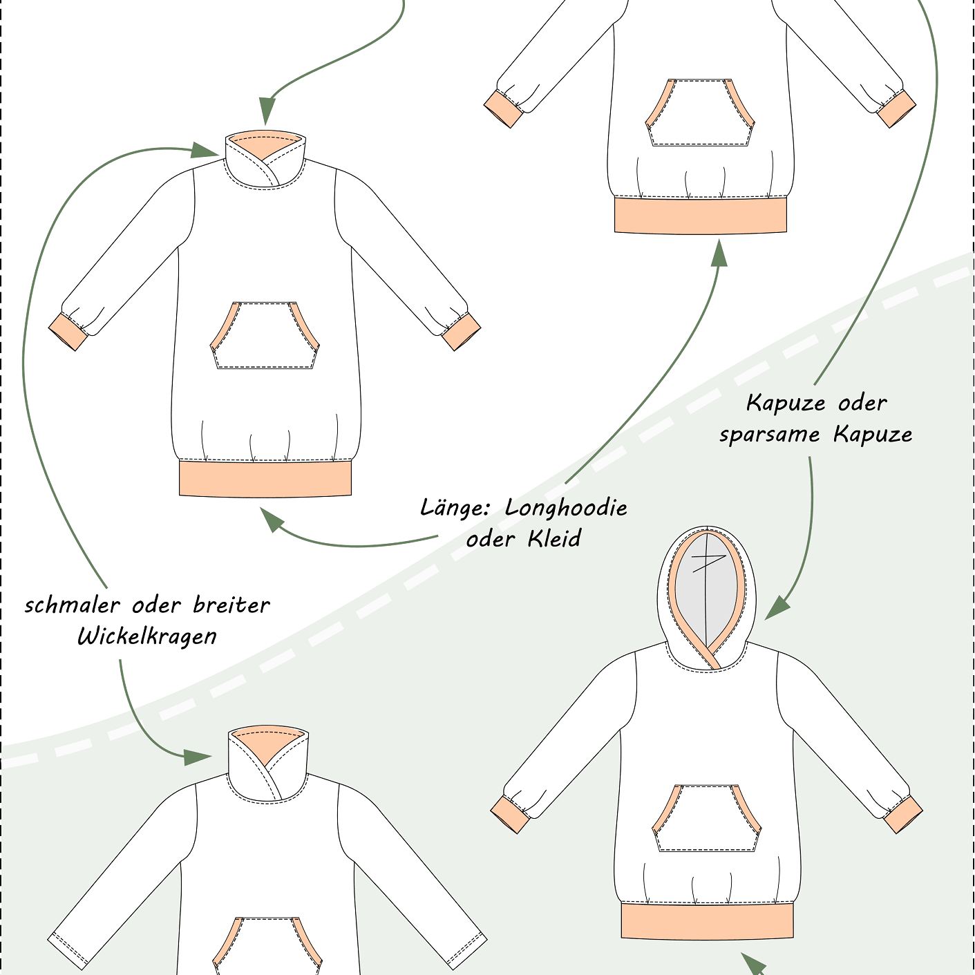 Schnittmuster Klara - Longhoodie und Sweatkleid für Kinder - mit Kapuze/Wickelkragen Gr. 86-158 - Sewando