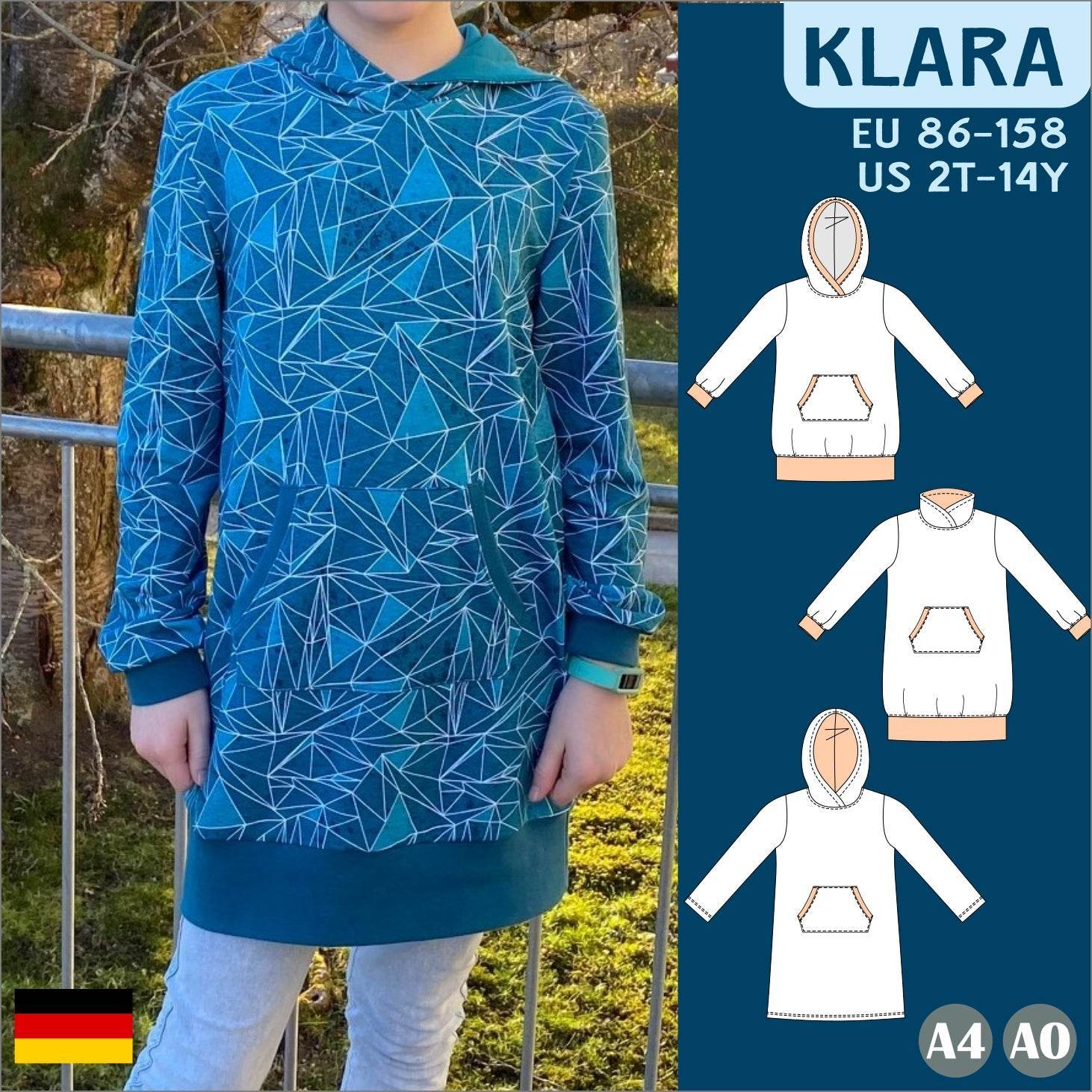 Klara - Longhoodie und Sweatkleid für Kinder - mit Kapuze/Wickelkragen Gr. 86-158 - Sewando