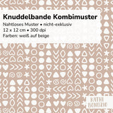 Stoffdesign: Knuddelbande – nahtloses dichtes Kombi-Muster in weiß auf beigefarbenem Hintergrund - Sewando