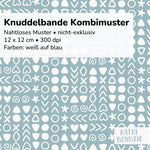 Stoffdesign: Knuddelbande – nahtloses dichtes Kombi-Muster in weiß auf blauem Hintergrund - Sewando