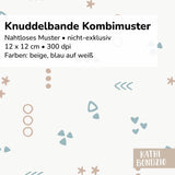 Stoffdesign: Knuddelbande – nahtloses lockeres Kombi-Muster in beige und blau auf weißem Hintergrund - Sewando