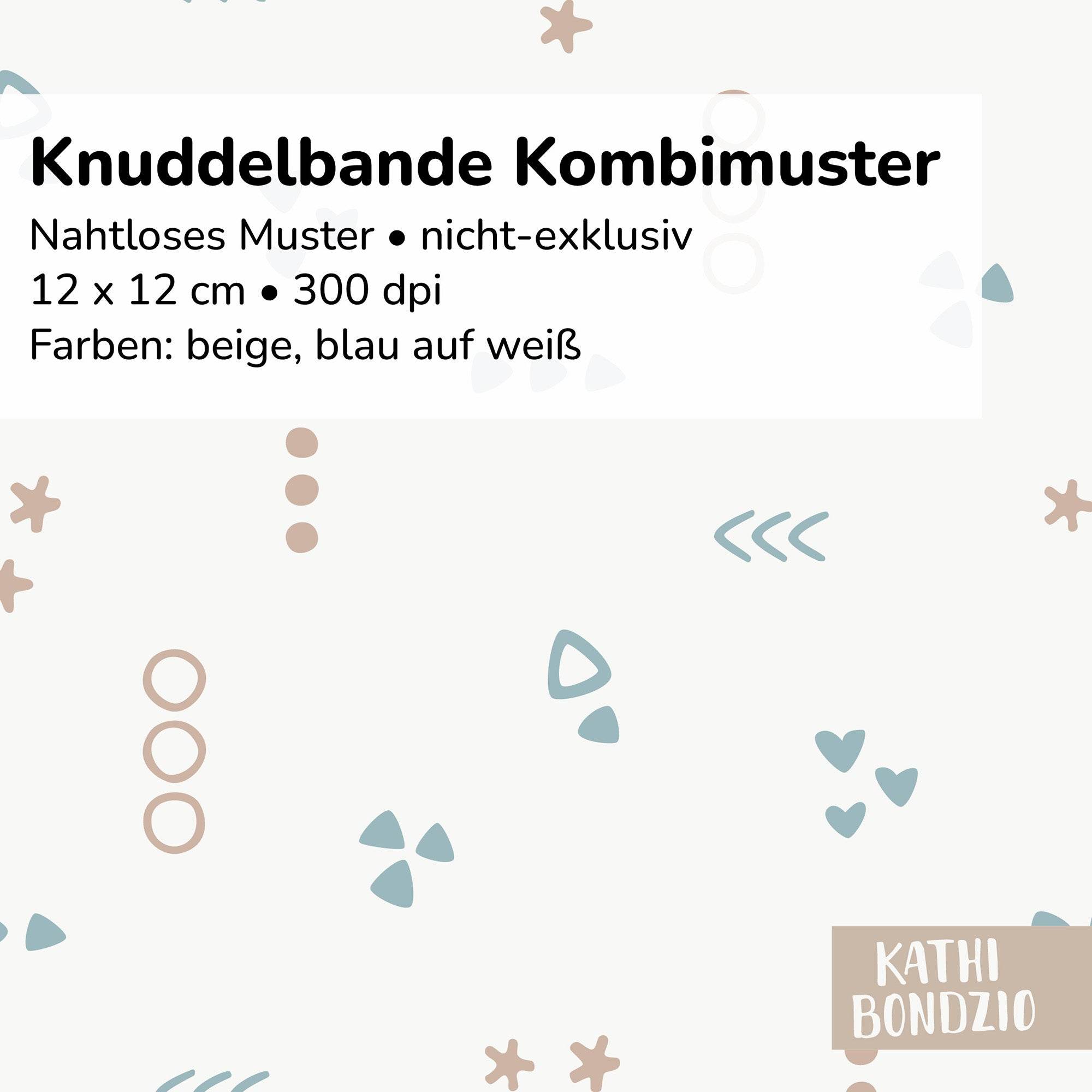 Stoffdesign: Knuddelbande – nahtloses lockeres Kombi-Muster in beige und blau auf weißem Hintergrund - Sewando