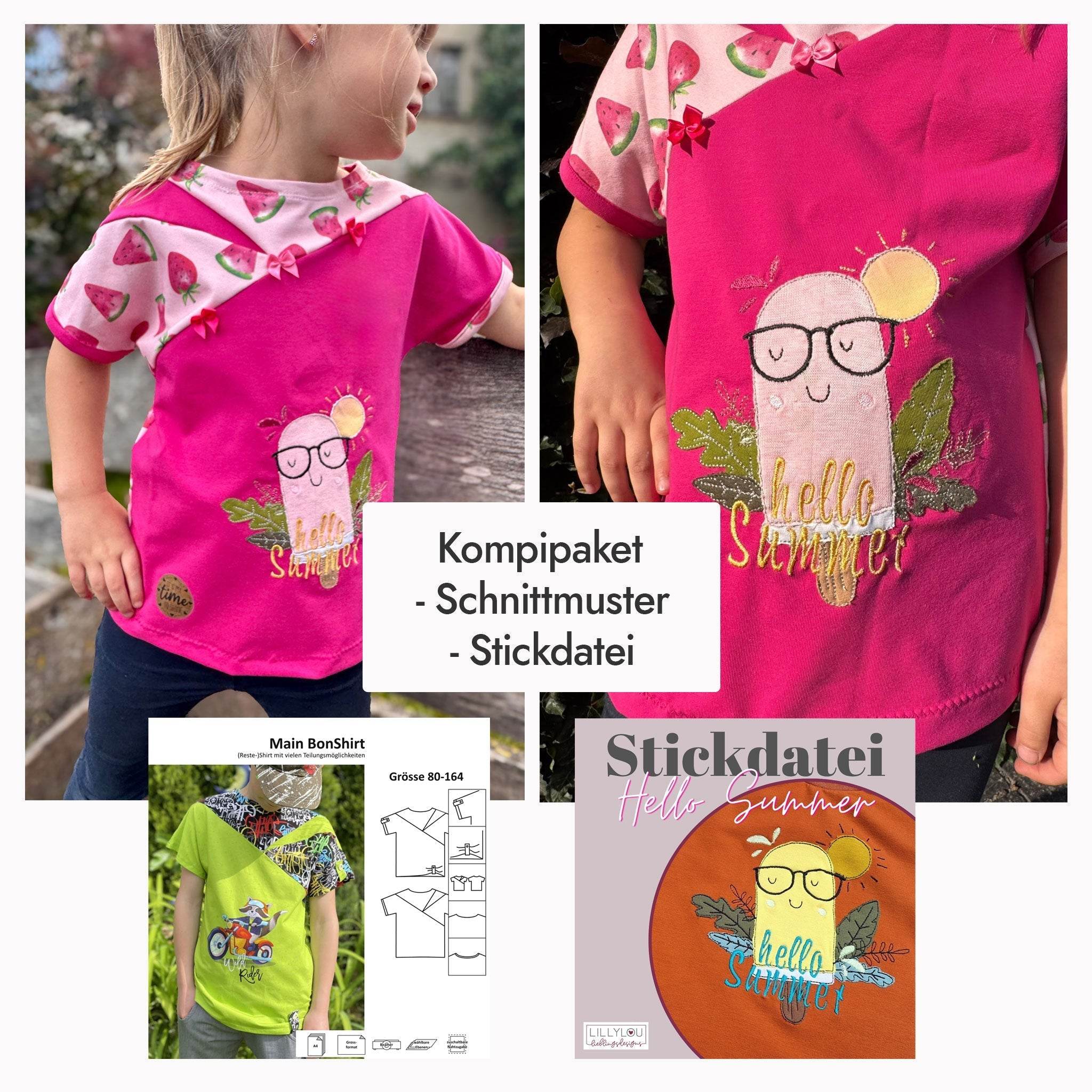 Kombipaket Schnittmuster Main PiniShirt Gr. 80-164 + Stickdatei Hello Summer - Sewando