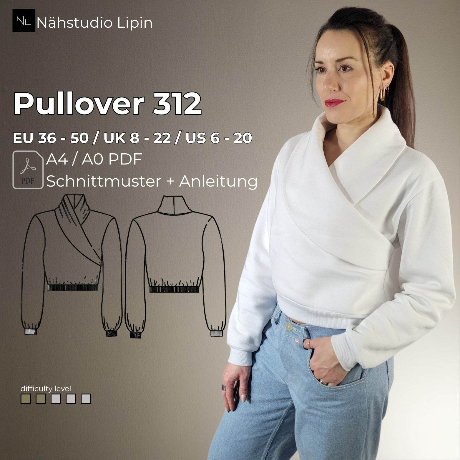 Schnittmuster Pullover, V-Ausschnitt, lange Ärmel, Größe 36 - 50, sewing pattern Sweater - Sewando