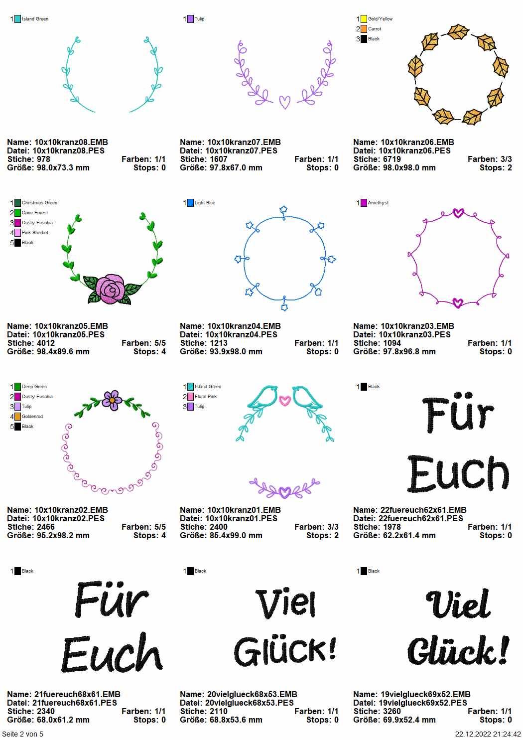 Stickdatei Set Rahmen und Schriftzüge Danke, Viel Glück, Für Euch, Für Dich, Herzlichen Glückwunsch, Frohe Weihnachten - Sewando
