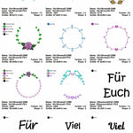 Stickdatei Set Rahmen und Schriftzüge Danke, Viel Glück, Für Euch, Für Dich, Herzlichen Glückwunsch, Frohe Weihnachten - Sewando