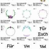 Stickdatei Set Rahmen und Schriftzüge Danke, Viel Glück, Für Euch, Für Dich, Herzlichen Glückwunsch, Frohe Weihnachten - Sewando