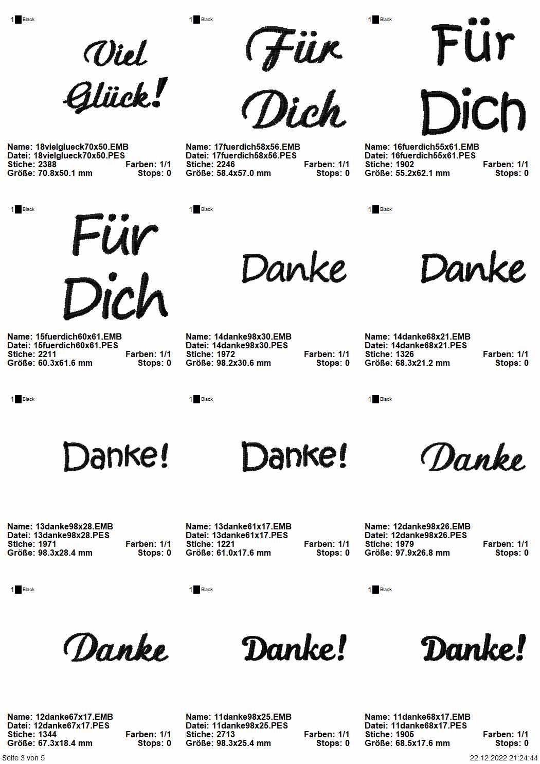 Stickdatei Set Rahmen und Schriftzüge Danke, Viel Glück, Für Euch, Für Dich, Herzlichen Glückwunsch, Frohe Weihnachten - Sewando