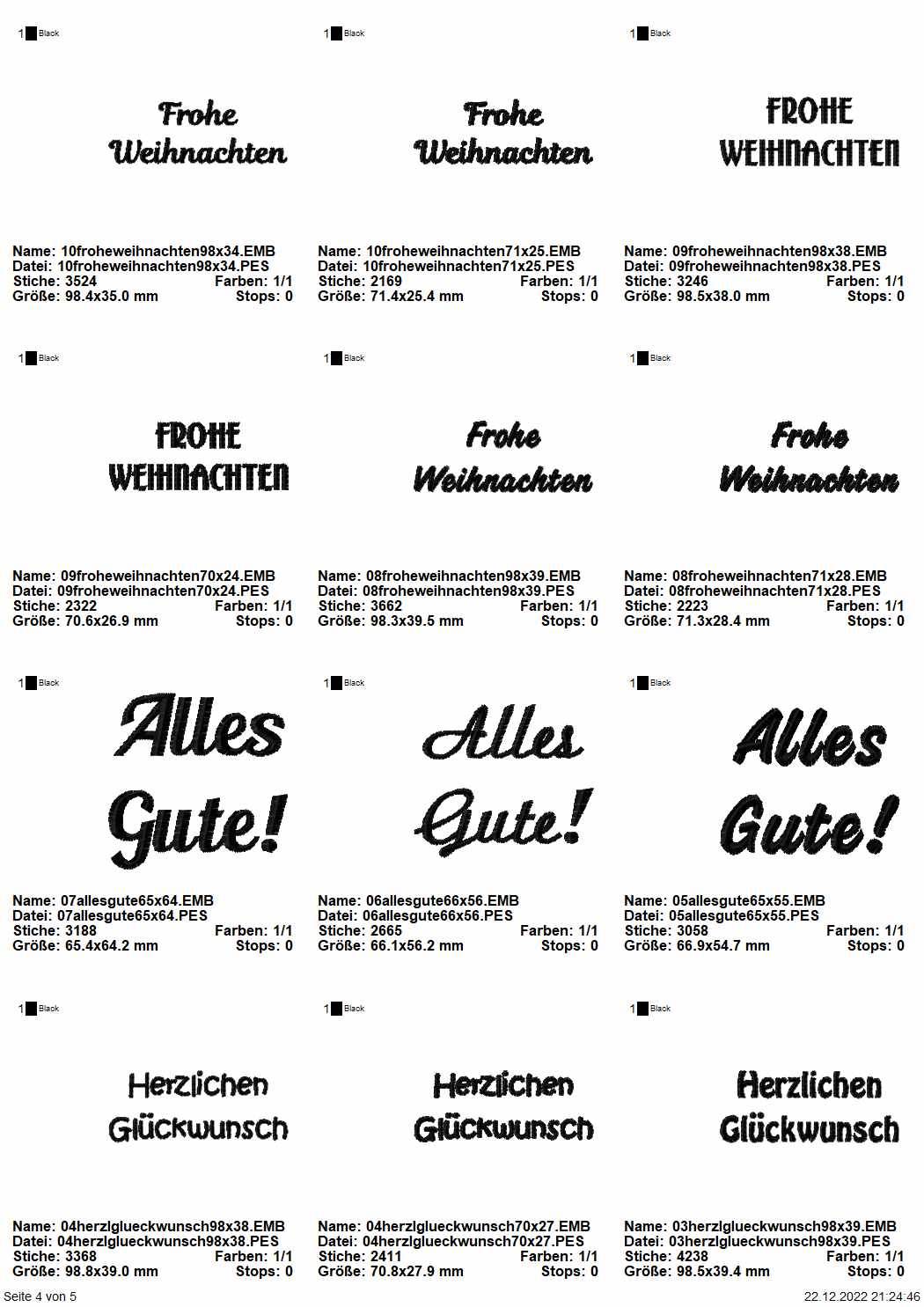 Stickdatei Set Rahmen und Schriftzüge Danke, Viel Glück, Für Euch, Für Dich, Herzlichen Glückwunsch, Frohe Weihnachten - Sewando