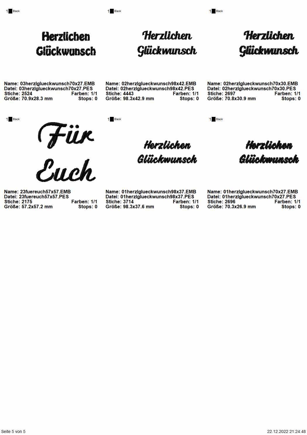 Stickdatei Set Rahmen und Schriftzüge Danke, Viel Glück, Für Euch, Für Dich, Herzlichen Glückwunsch, Frohe Weihnachten - Sewando