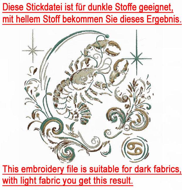 Stickdatei Sternzeichen Krebs - realistisch - FÜR DUNKLE STOFFE - Sewando