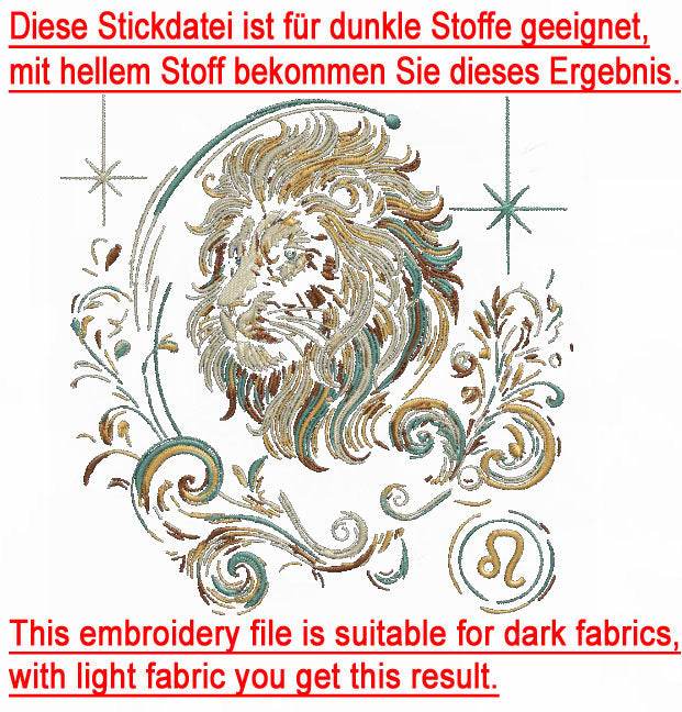 Stickdatei Sternzeichen Löwe - realistisch - FÜR DUNKLE STOFFE - Sewando
