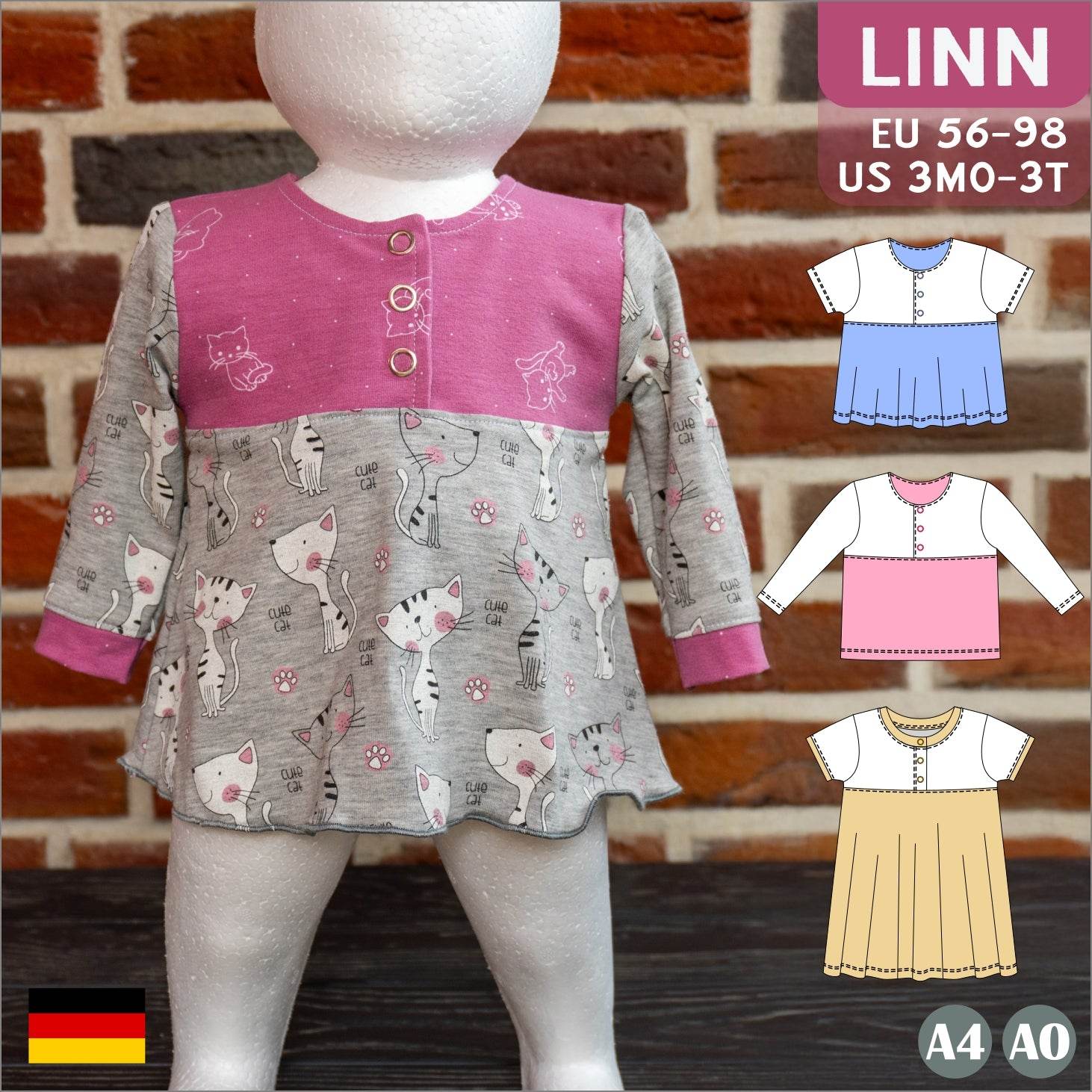 Linn – Babyshirt oder Kleid mit senkrechter Knopfleiste & Teilung Gr. 56-98 - Sewando