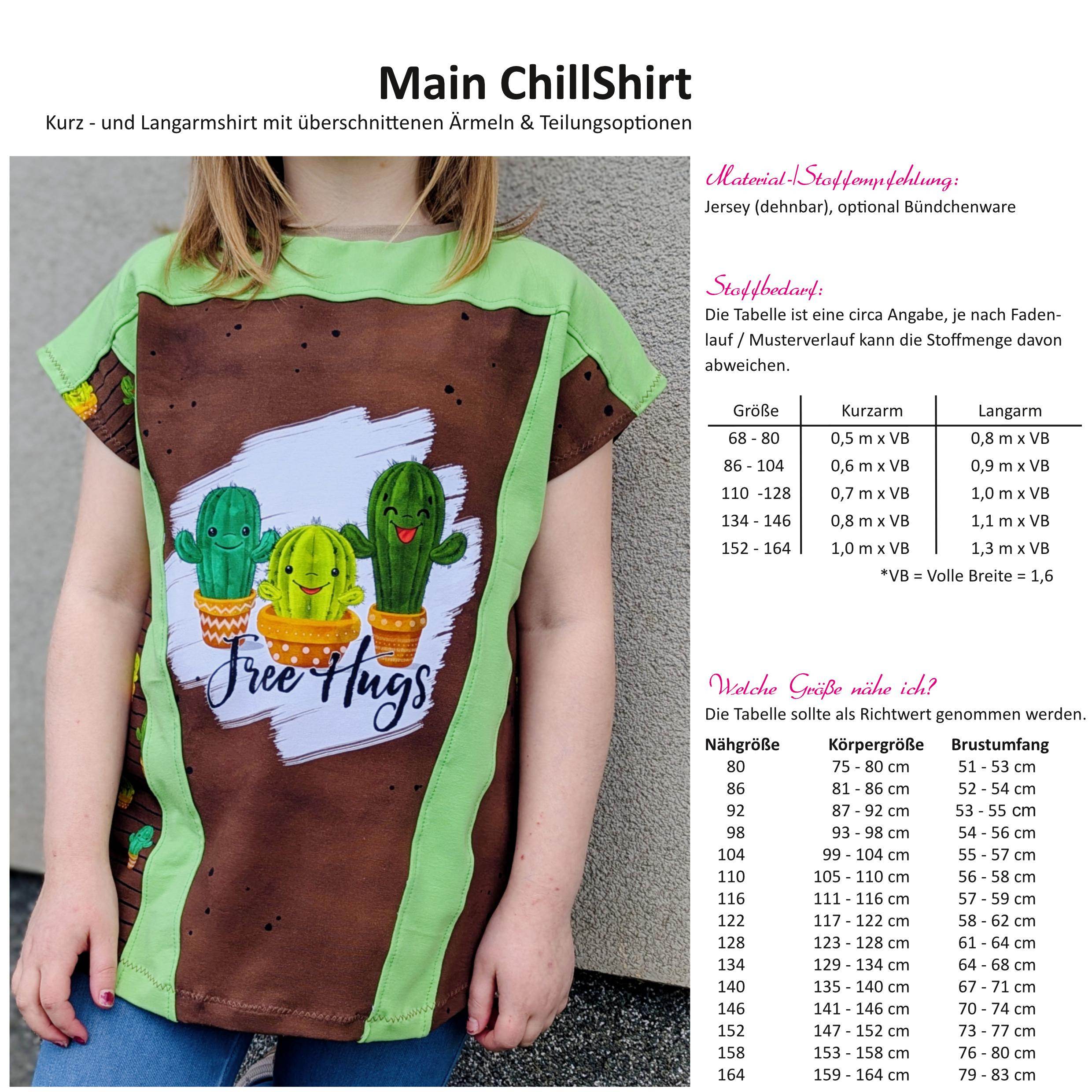Schnittmuster Main ChillShirt - Langarm/Kurzarm Shirt mit überschnittenen Ärmeln & Teilungen - 80-164 - Sewando