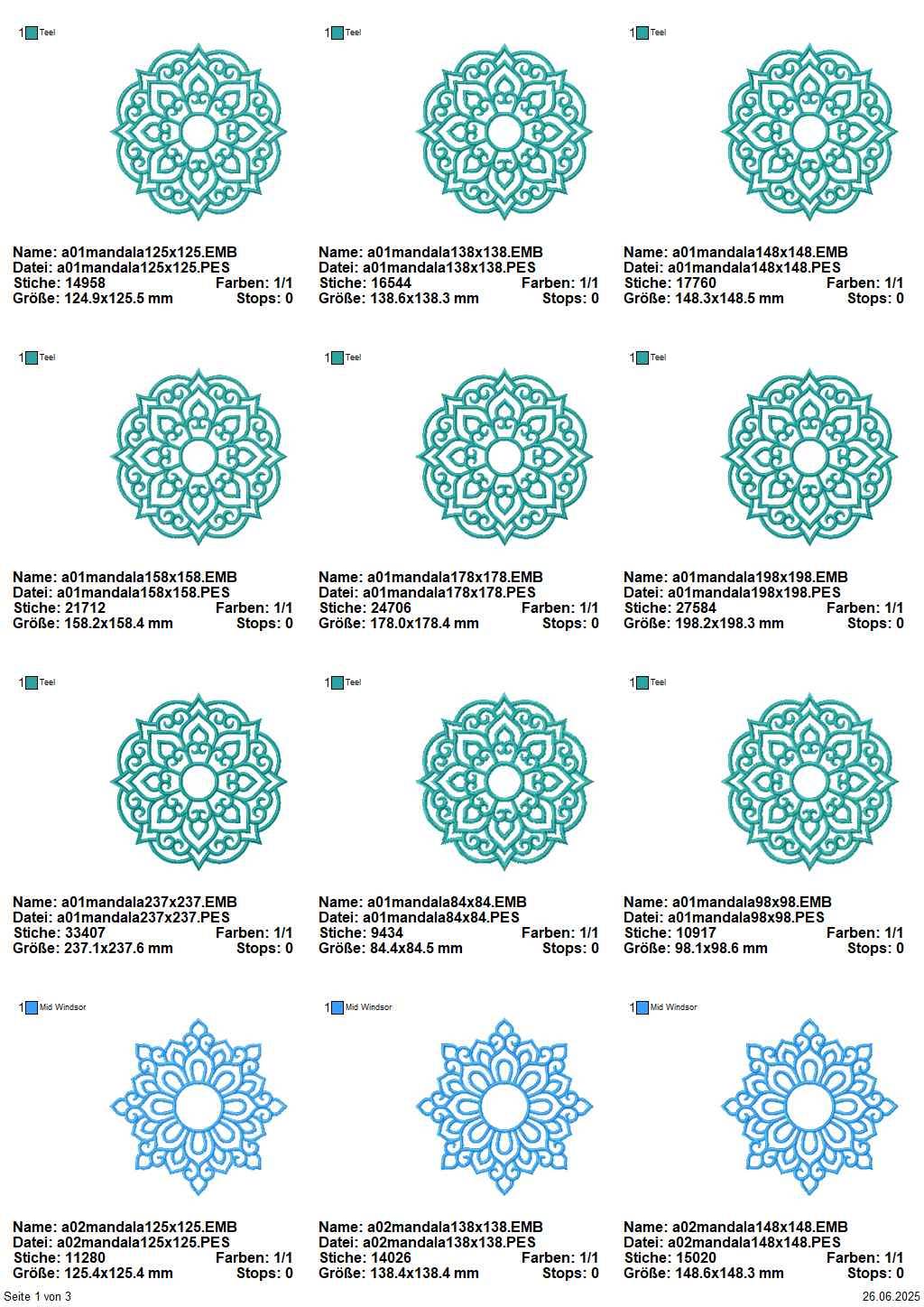 Stickdatei Set 3 Mandalas in je 9 Größen - Sewando