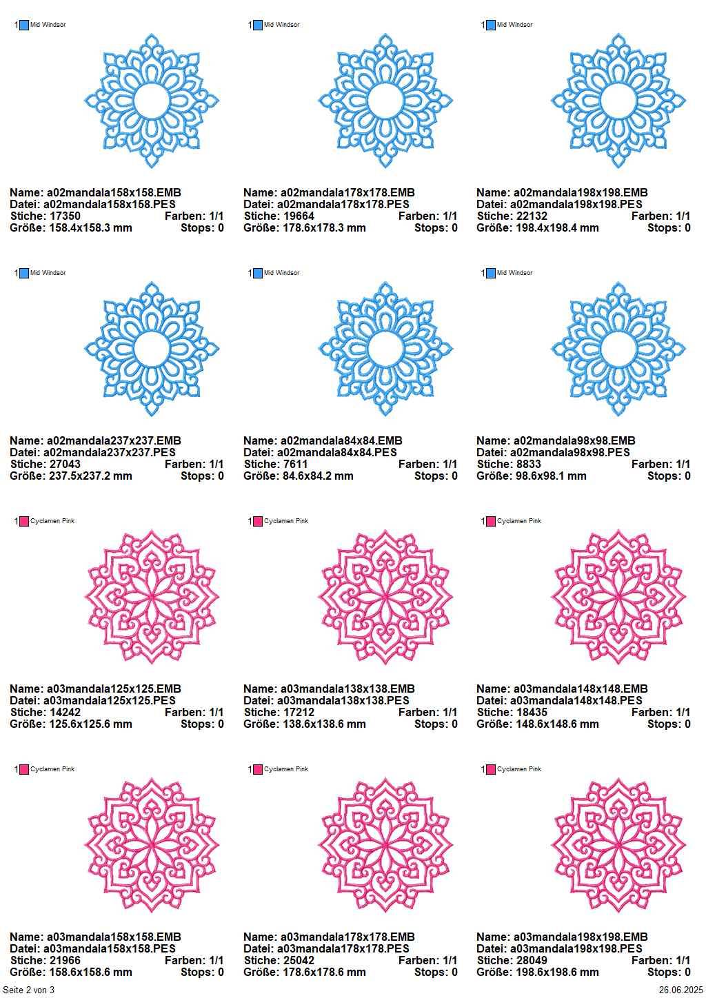 Stickdatei Set 3 Mandalas in je 9 Größen - Sewando