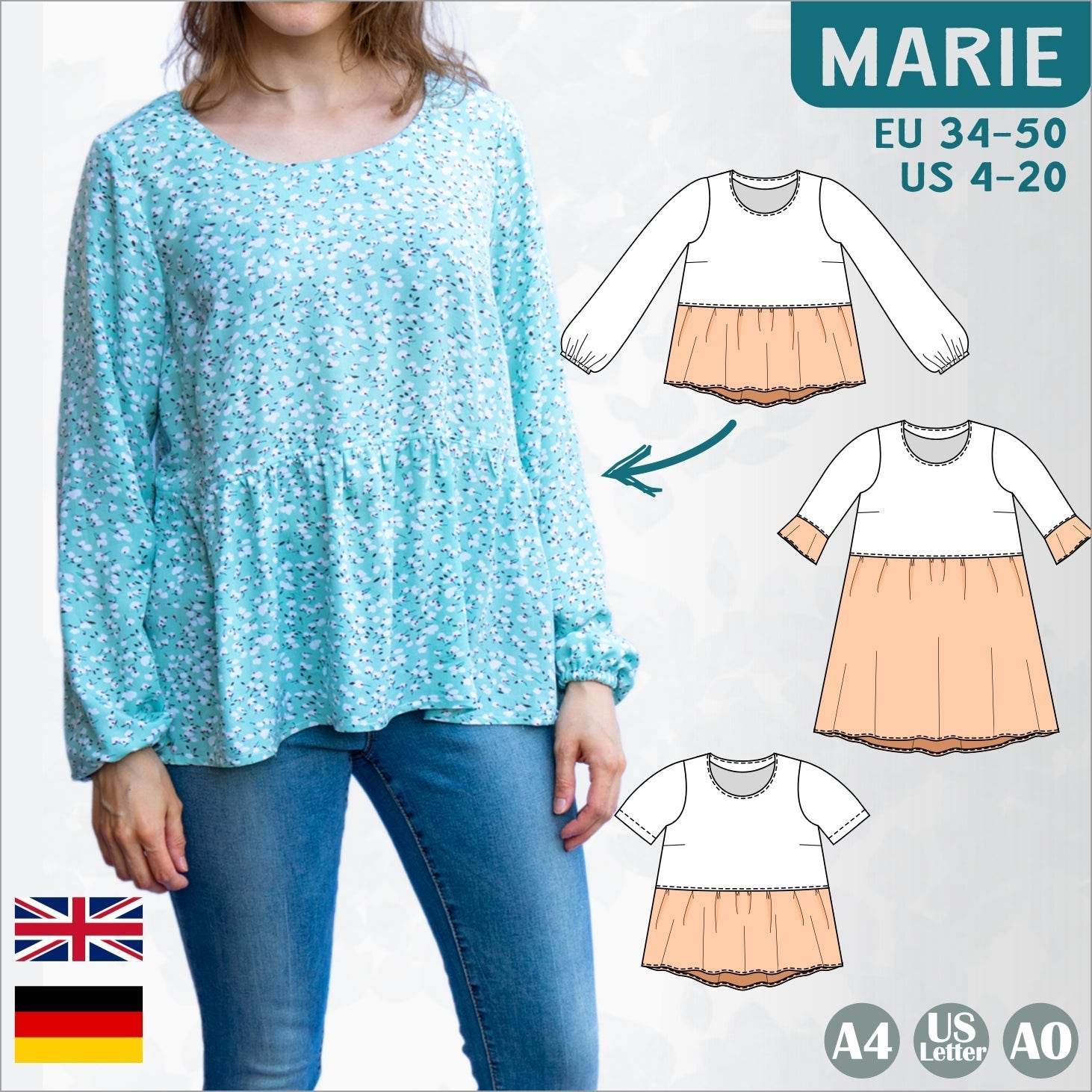 Marie – Boho Bluse & Kleid mit Saumrüsche Gr. 34-50 / BU 80-116 - Sewando