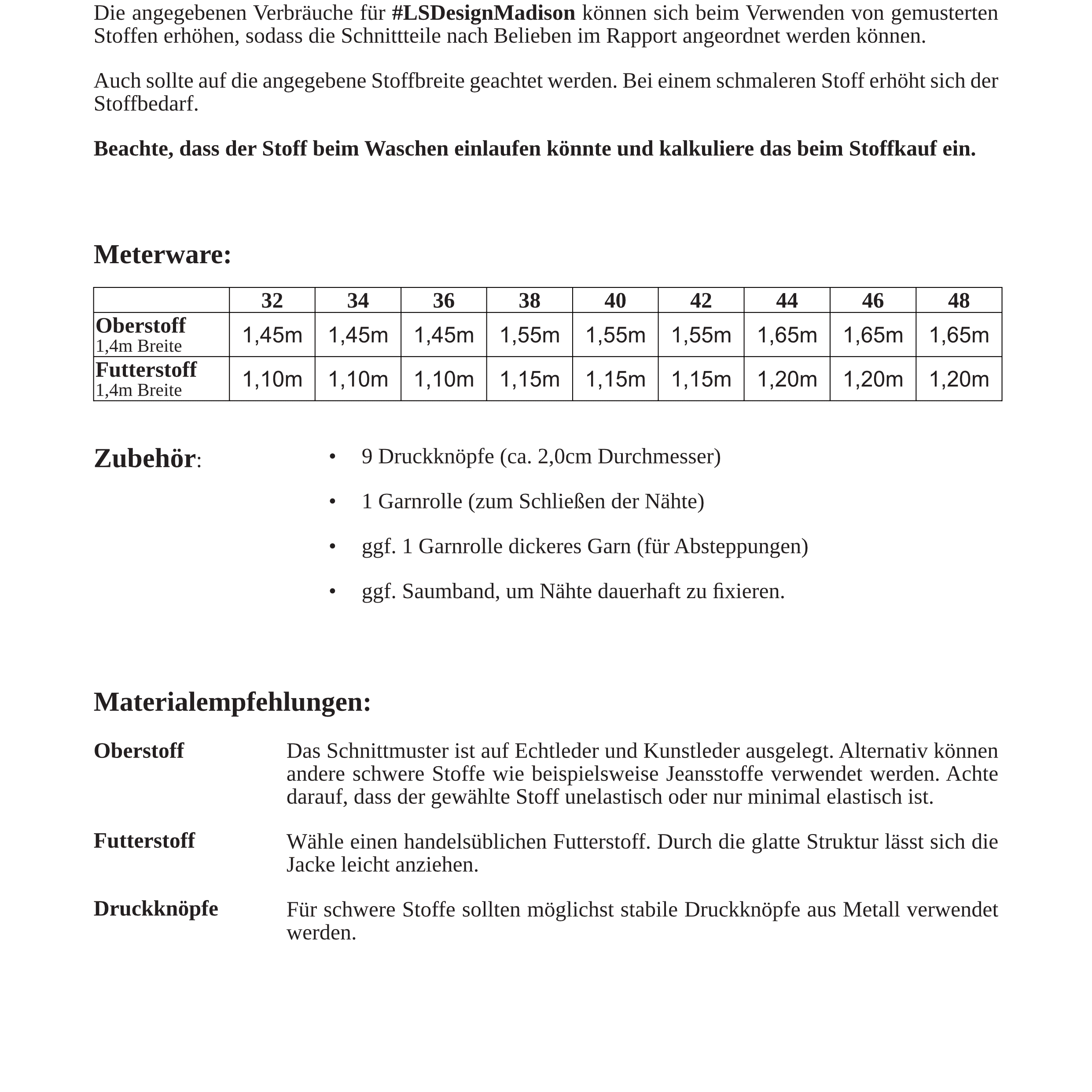 Lederjacke - Madison - Schnittmuster - Gr. 32-48 : - Sewando