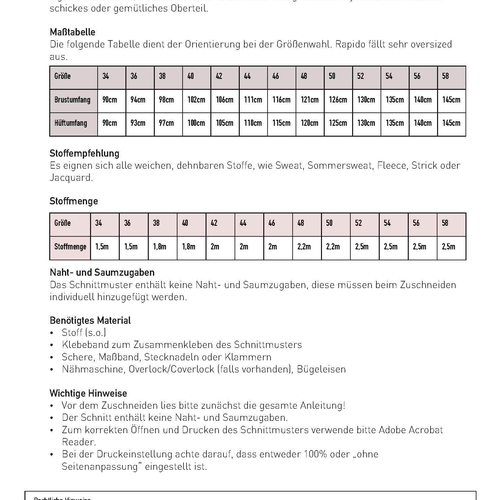 Schnittmuster Oversize Pullover RAPIDO (34-58) - Sewando