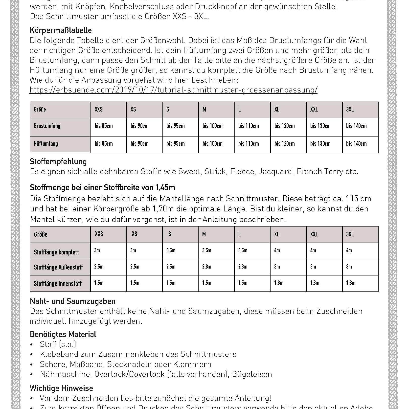 Schnittmuster Sweatmantel SUMARE (XXS-3XL) : - Sewando