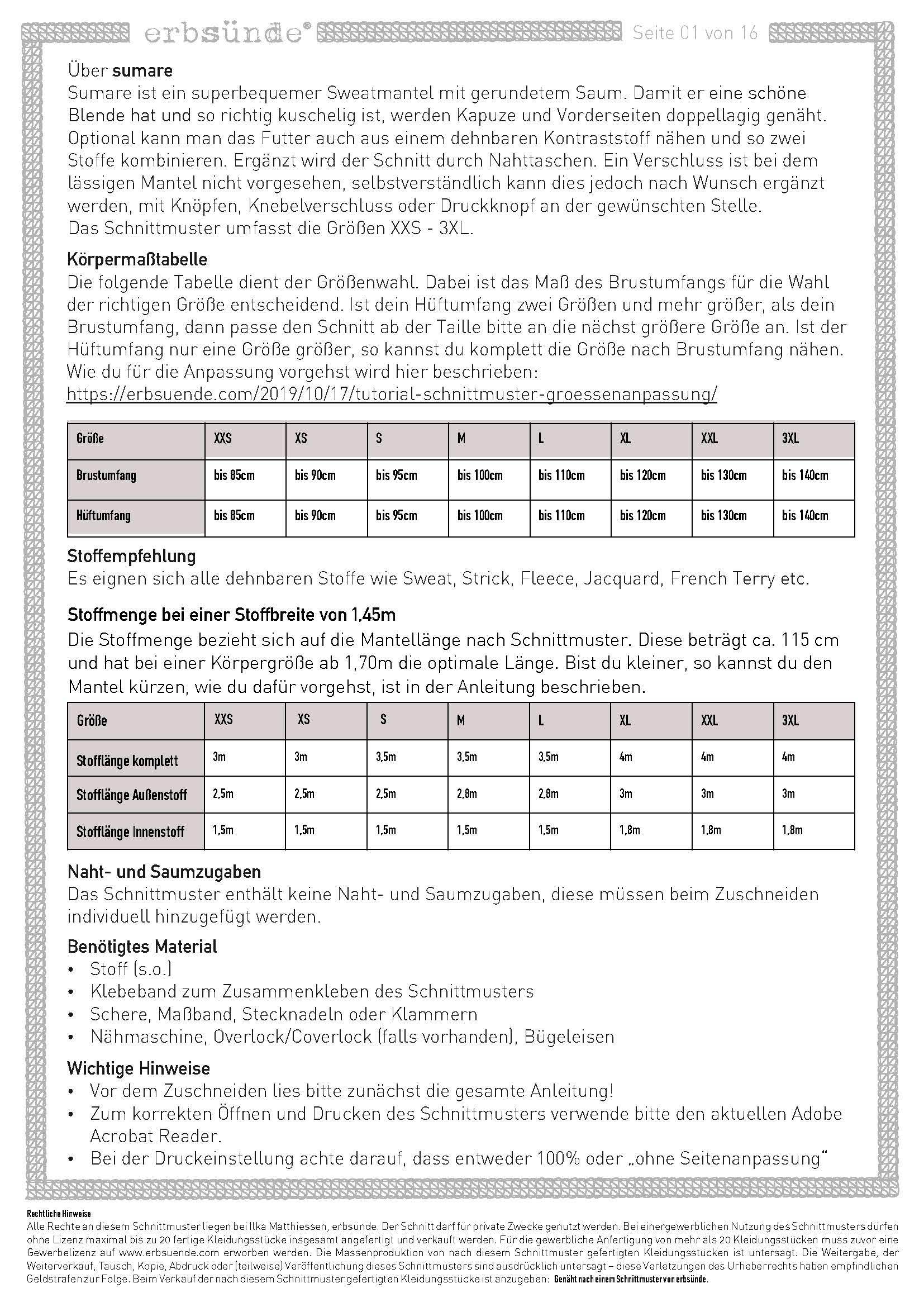 Schnittmuster Sweatmantel SUMARE (XXS-3XL) : - Sewando