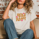 Plotterdatei „Hello Happy“ – Retro Boho Motiv mit Blumen für Shirts, Deko & DIY - Sewando