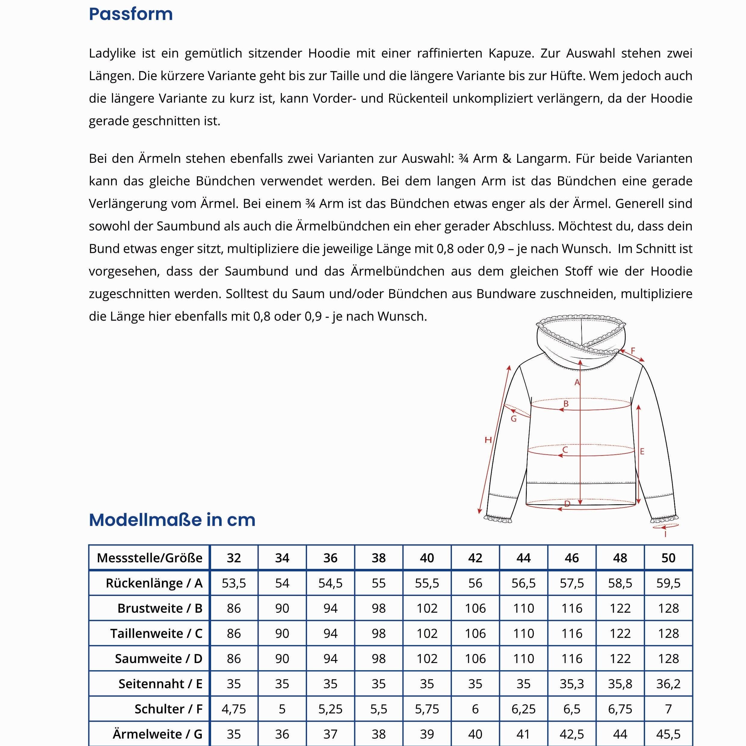 Schnittmuster Hoodie Ladylike, Größe 32 - 50 : - Sewando